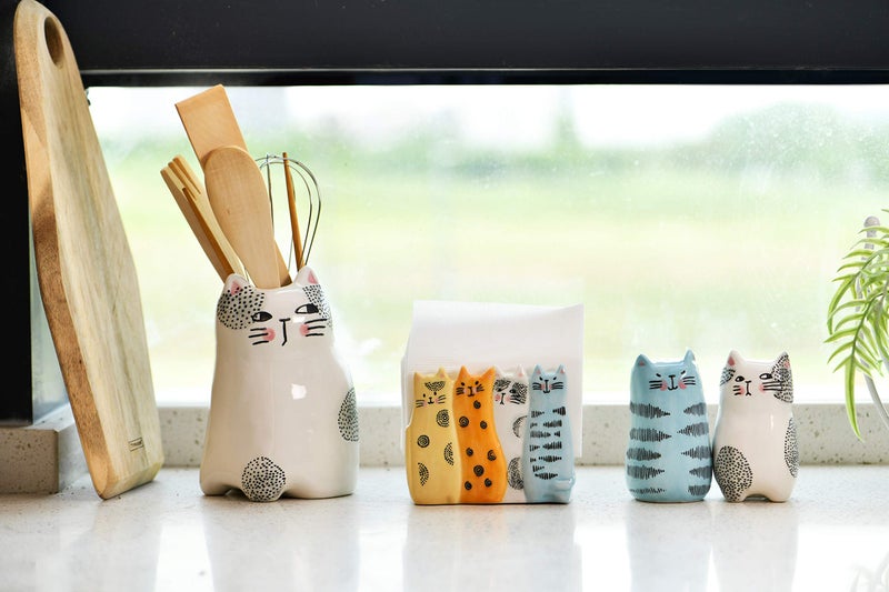 Bico Cartoon Cat Utensil Holder, Handpainted Stoneware, Dishwasher Safe - Image 4